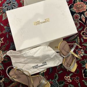 Diane Von Furstenberg silver and gold heels, size 9. Comes with dust bag & box.